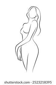 Ilustração isolada do vetor da arte da linha de uma mulher bonita, retrato sem rosto, ilustração minimalista simples, contorno do corpo feminino, logotipo