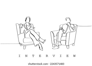 Vector de arte de línea aislado de dos corporaciones en un ambiente de entrevista. Reunión de negocios y debate de propuestas. Inquisitores críticos. Evaluación psicológica. Diseño de afiches.