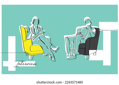 Isolated line art vector of two corporate persons in an interview setting. Business meeting and proposal discussion. Critical inquisitors. Psychological assessment. Poster design.
