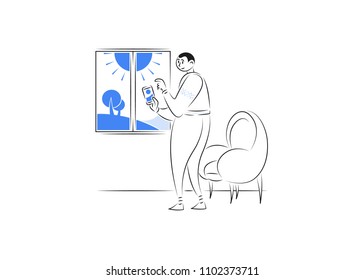 Isolated line black blue cartoon character with a smartphone device, mobile phone. Window, outside the sunrise. The concept of the application is the material design style.