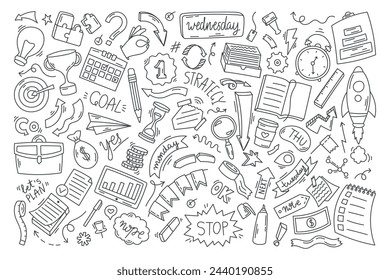 Isolated line black and white doodle elements. Set of vector icons, planning, study and organization concept.