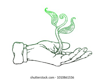 Isolated line continuous hand-drawn sprout hand palm. The symbol of ecology and clean energy.