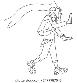 isolated line doodle illustration two guys walking on lgbt pride in vector. image for posters, stickers, logo, cards, invitations banner