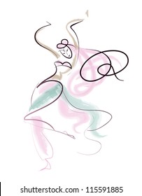 isolated line drawing oriental dance performer in motion