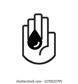 Isolated line hand symbol holding black oil drop sign icon on white background