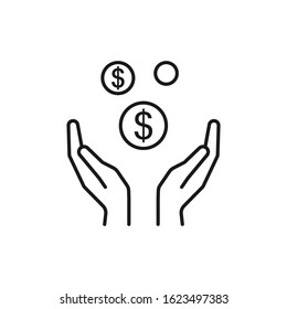 Isolated line icon of some coin, money in two outline hands on white background. Symbol of cash charity investment wealth, payment. logo flat design.