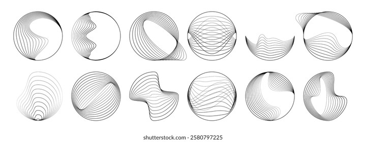 Isolated line round geometric spiral shapes, concentric swirl and wave. Vector abstract vortex circles, dynamic circular ripples, thin radial curves, whirlwind sonars. White whirlwind looping patterns