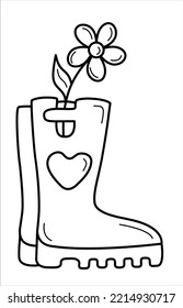 Isolated  line vector illustration rubber boots with heart on it and a flower inside. Spring, summer, autumn garden theme. Good for web and mobile design, coloring book.