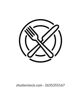 Isolated linear art pictures the setting of a fork and knife placed in the shape of an X over a plate on a transparent backdrop.