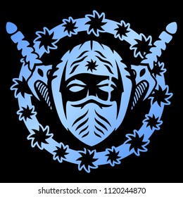 Isolated linear blue emblem with ninja incide the circle with shurikens on black background