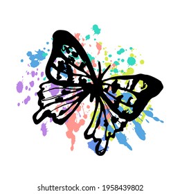 Mariposa desmontada lineal aislada con alas estampadas. La mariposa se representa en un fondo abstracto con aerosol de gotas dibujado. Ilustración vectorial. Azul, rosa, amarillo. Vista superior.