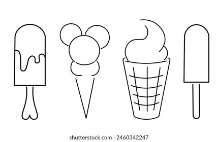 isolated linear icecream set icons on the theme of summer and vacation. design for logo sticker print poster