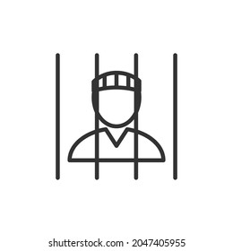 Isolated linear icon of prisoner silhouette behind bars on white background. Vector illustration.