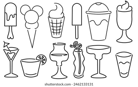 iconos lineales aislados set de vidrio de cóctel helado en el tema de verano y vacaciones. diseño para el logotipo pegatina impresión póster