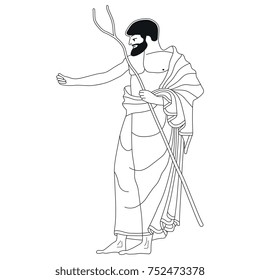 Isolated linear illustration of bearded ancient Greek man or god with a wand. Based on antique vase painting.