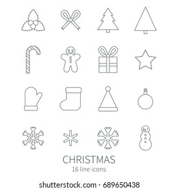 Isolated linear; outline vector illustrations; icons; symbols. Christmas attributes. Holly, ribbon, christmas tree, candy, ginger man, present, glove, stocking, decoration, snowflake, snowman, star.