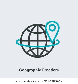 Isolated linear pictogram of globe with pin. Geographic freedom outline vector icon on light grey background