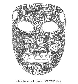 Isolated linear vector drawing of an ancient mosaic Mixtec mask. Pre Columbian Mexican American art. Template for coloring.