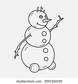 Isolated lineart happy cute snowman waving hand good for winter, new year, christmas design.