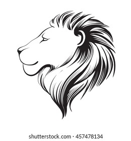 Isolated lions head, stylized line. Linear art, vector illustration, logo. Lion's profile. Stylized face of lion isolated on white background.