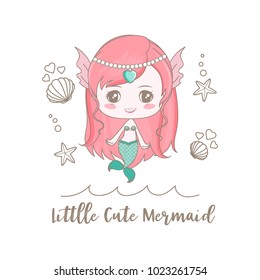 Isolated a little cute mermaid decorated with shell and starfish on sea surface and text "little Cute Mermaid".