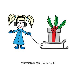 Isolated little girl pulling sled with big gift. For greeting card, invitation, posters, texture backgrounds, placards, banners.