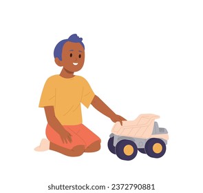 Isolated little happily smiling boy kid cartoon preschooler character playing toy car dump truck