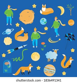 Isolated little prince. Set of illustrations. Character little prince, fox, rose, planet, stars, space. Flat vector stock illustration as set. The concept of friendship, love, magic