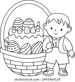 An isolated little smiling boy standing near a large Easter basket with cake and decorated eggs.  Vector illustration for children's coloring book