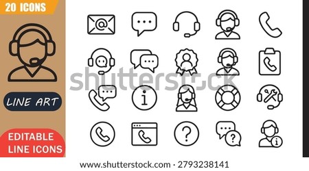 Isolated Live Chat Support Icons Set, 20 Editable Line Art Icons Set, Online Assistance, Customer Service, Help Desk, Contact Communication, Chat Support, Outline Vector