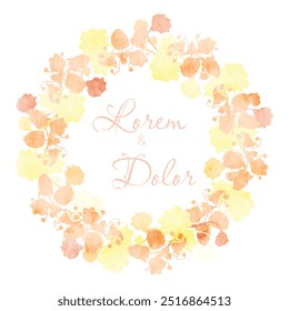 Isolated lively wreath with flat silhouettes of African violets with a watercolor texture effect. White background with a text sample and hand-drawn Streptocarpus or African violet plants.