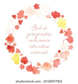 Isolated lively wreath with flat silhouettes of African violets with a watercolor texture effect. White background with a text sample and hand-drawn Streptocarpus or African violet plants.