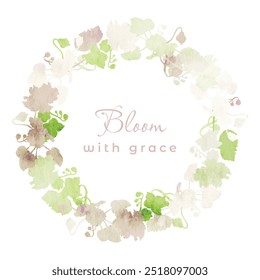 Isolated lively wreath with flat silhouettes of African violets with a watercolor texture effect. White background with a text sample and hand-drawn Streptocarpus or African violet plants.