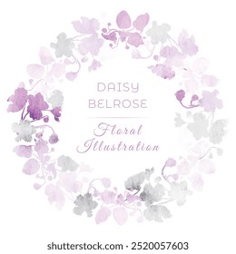 Isolated lively wreath with flat silhouettes of African violets with a watercolor texture effect. White background with a text sample and hand-drawn Streptocarpus or African violet plants.