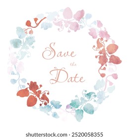 Isolated lively wreath with flat silhouettes of African violets with a watercolor texture effect. White background with a text sample and hand-drawn Streptocarpus or African violet plants.