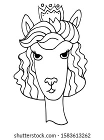 
Isolated llama on a white background, расскраска. Black outline Hand drawing coloring book for adults and children. Vector art illustration. One of a series of painted paintings.