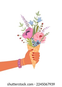 Isolated llustration bouquet of flowers in female hand. Vector design concept for holyday and other use.