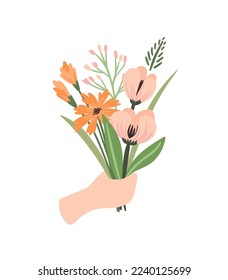 Isolated llustration bouquet of flowers in hand. Vector design concept for Valentines Day and other use.