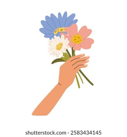 Isolated llustration bouquet of flowers in hand. Vector design concept for Valentines Day and other use.