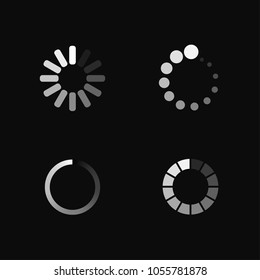 Isolated loading icon set on black background. Preloaders and white round progress loading bars template. Vector illustration.