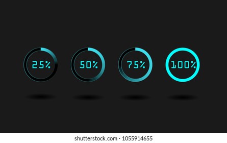 Isolated loading icon set on black background. Preloaders and bright blue round progress loading bars template. Vector illustration.