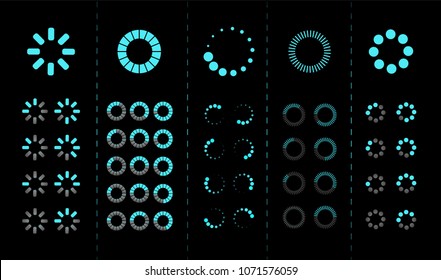 Isolated loading icon set on black background. Preloaders and bright blue round progress loading bars template. Vector illustration. EPS 10