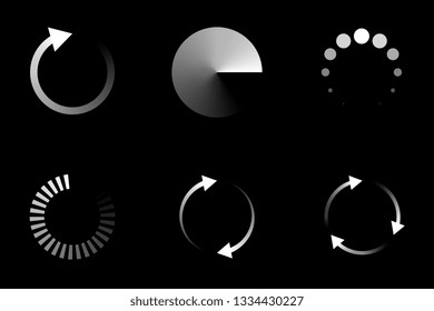 Isolated loading icon set on black background, vector illustration.