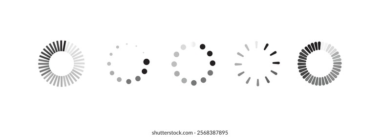Isolated loading icon set on black background, vector illustration.