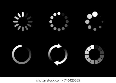Isolated loading icon set on black background, vector illustration.
