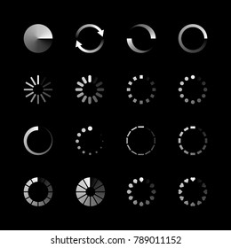 Isolated loading icon set on black background, vector illustration.