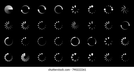 Isolated loading icon set on black background, vector illustration.