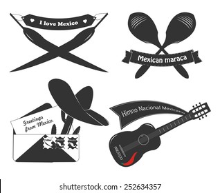 Isolated logo about Mexico. Vintage logo Mexico. Maracas, guitar, sombreros, chili peppers.