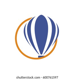 Isolated logo of blue hot air balloon in orange circle Vector illustration.
