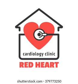 Isolated logo with red heart and stethoscope for cardiology clinic, cardiac care center. Red heart with stethoscope vector icon for your business. Cardiology icon. Modern clinic logo design
